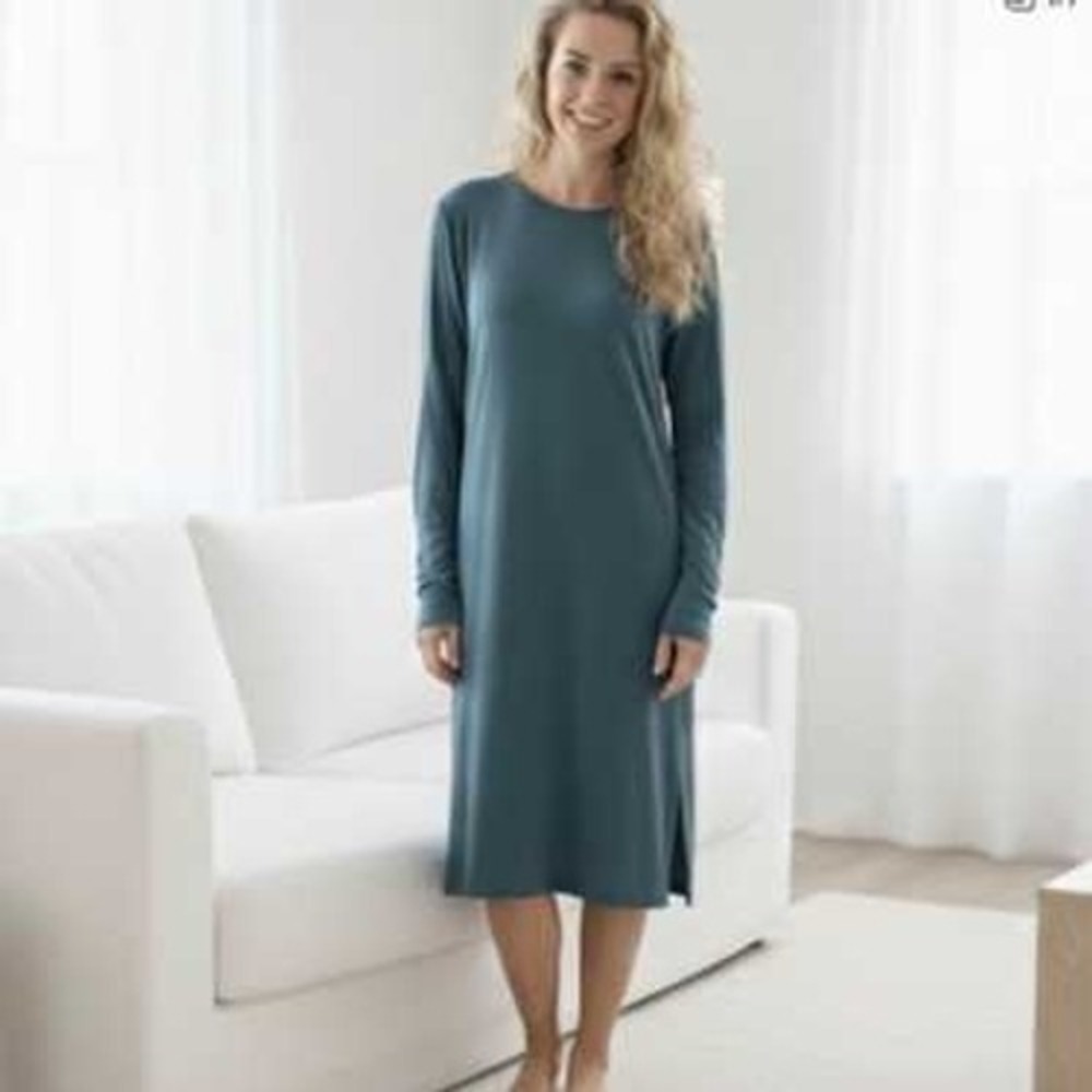 LAKE Pima Cotton Long Sleeve Midi Nightgown Teal Blue‎ XXS Loungewear